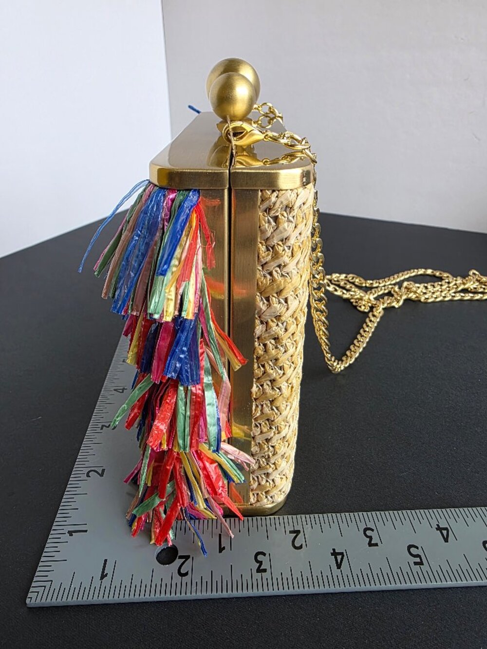 Olga Berg Carlita Carnivale Clutch Bag Multicolor Raffia Gold Frame Chain Strap - Picture 16 of 16
